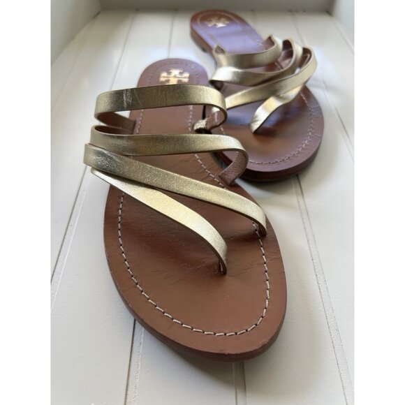 Tory Burch Patos Metallic Strappy Sandals Gold Leather Slides Summer Chic Size 9 - Picture 12 of 13
